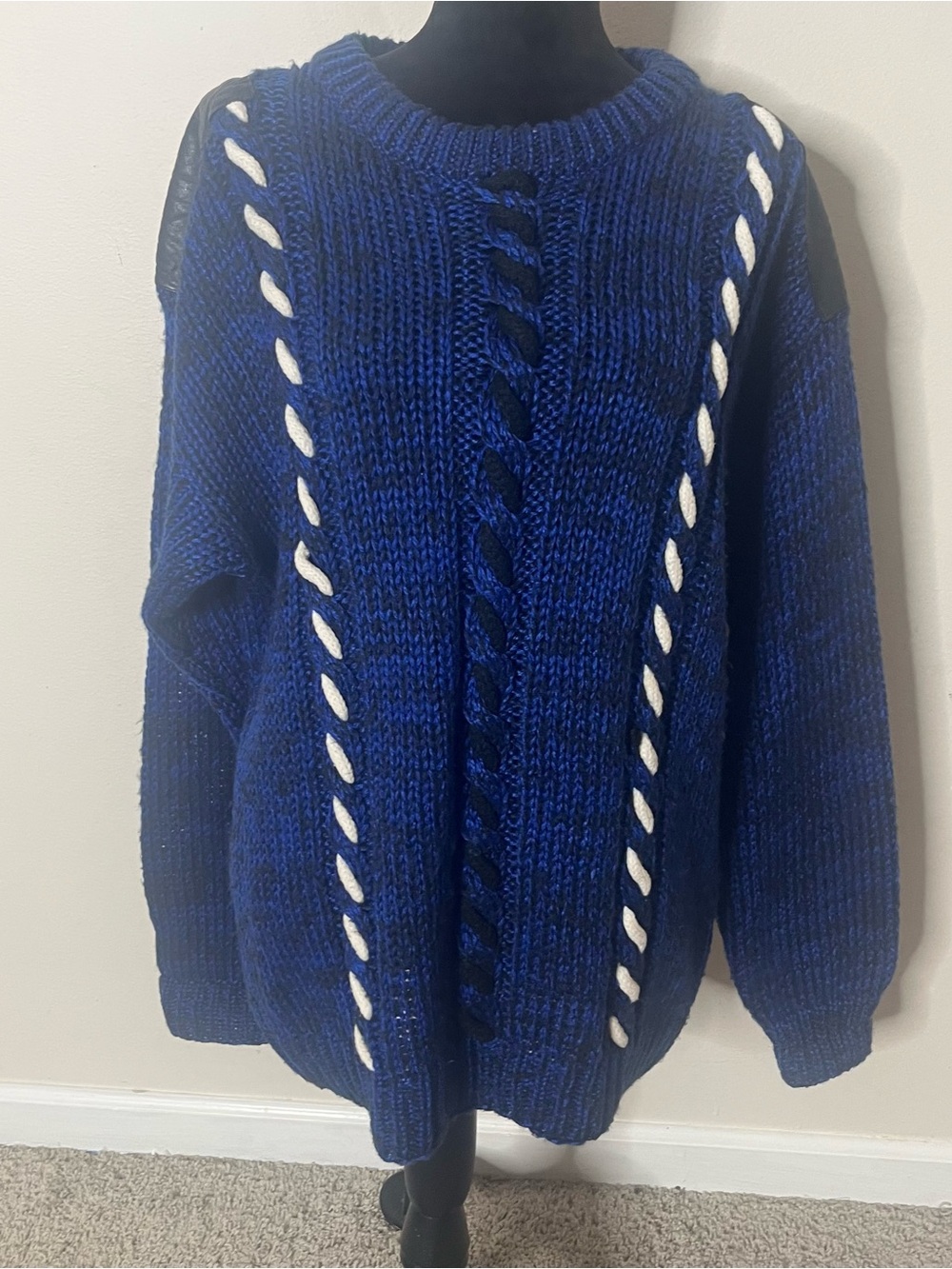 Trutus Biancarra Men’s Blue Black Marled Leather Trim Chunky Knit Sweater Sz L